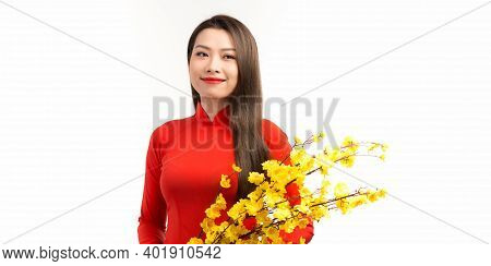 Vietnamese Lunar New Year. Women Wear Vietnam Tradition Ao Dai With Hoa Mai Tree (ochna Integerrima)