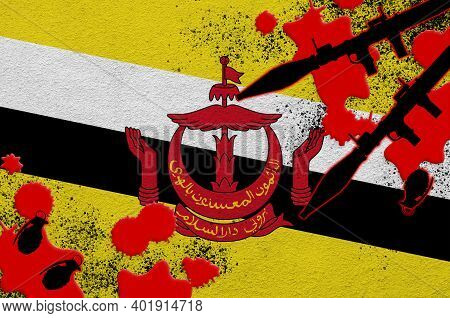 Brunei Darussalam Flag And Rocket Launchers With Grenades In Blood. Concept For Terror Attack And Mi