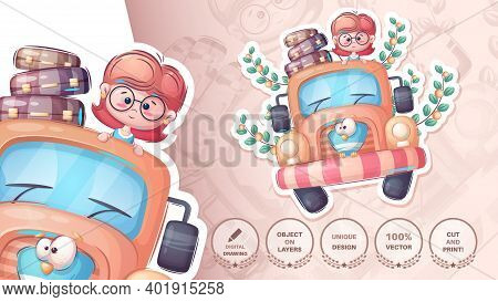Girl Love Tavel - Cute Sticker. Vector Eps 10