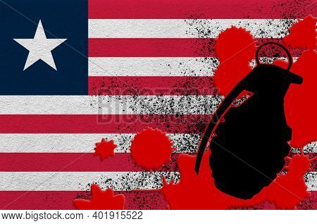 Liberia Flag And Mk2 Frag Grenade In Red Blood. Concept For Terror Attack Or Military Operations Wit