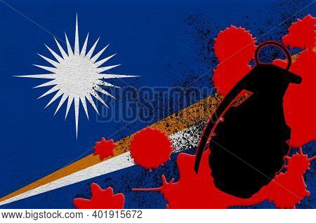 Marshall Islands Flag And Mk2 Frag Grenade In Red Blood. Concept For Terror Attack Or Military Opera