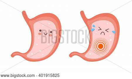Smiling Healthy Stomach And Sad Sick Stomach Character. Gastritis, Indigestion And Ulcer Problems. V