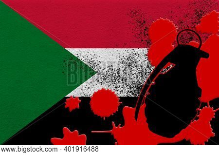 Sudan Flag And Mk2 Frag Grenade In Red Blood. Concept For Terror Attack Or Military Operations With 