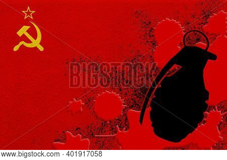 Soviet Union Flag And Mk2 Frag Grenade In Red Blood. Concept For Terror Attack Or Military Operation