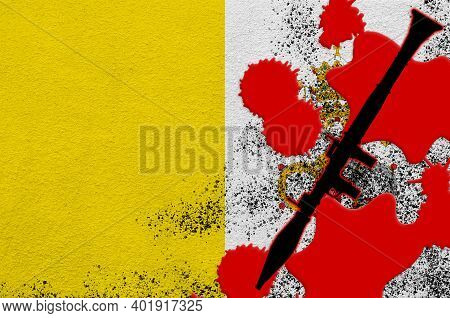 Vatican City State Flag And Black Rpg-7 Rocket-propelled Grenade Launcher In Red Blood. Concept For 