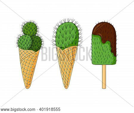 Set Of Cactus In The Form Of Ice Cream. Ice Cream On A Stick, Ice Cream In A Horn. Funny Dessert. Cu