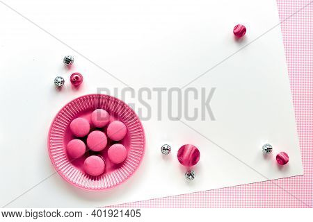 Pink Macaroons On A Plate. Simple Monochrome Flat Lay On Split Two Tone Pink White Background With D