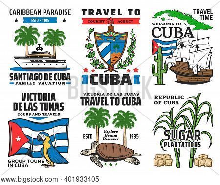 Cuba Tourist Travel, Caribbean Paradise Family Vacation Icons. Yacht And Royal Palm, Cuban Coat Of A