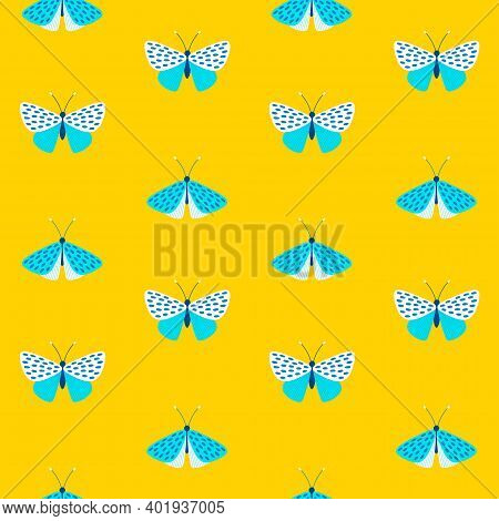 Bright Blue Butterflies On Yellow Background Seamless Vector Pattern. Simple Elegant Summer Pattern 