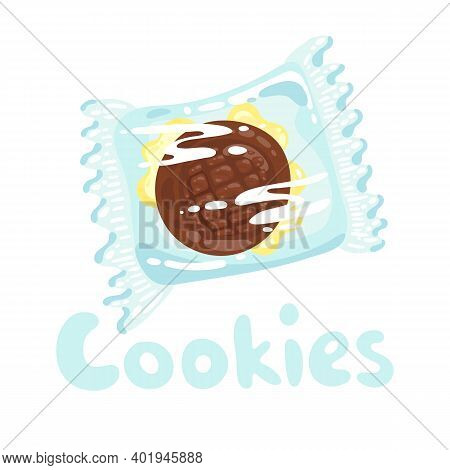 Sweet Cookie Stock Illustration. Cookies With Chocolate In Plastic Wrap Clipart. Vector Object On Wh