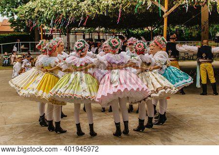 Rakvice,czech Republic-june 2018. Beautiful Women And Men Dancers In A Celebration.traditional Morav