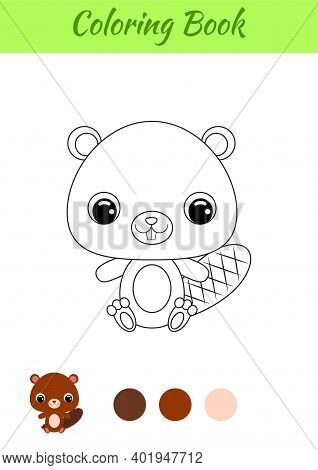 Coloring Book Little Baby Beaver Sitting. Coloring Page For Kids. Educational Activity For Preschool