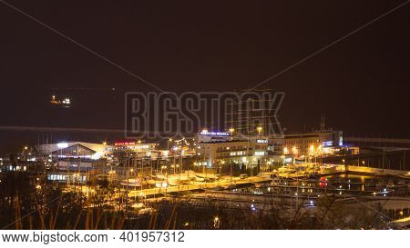 Gdynia, Poland - January 15, 2016: Gdynia Harbor At Night Seen From Kamienna Gora, Poland.