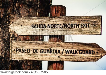 Fuengirola, Malaga, Spain - January 25, 2020: Detail View, Signboards At Sohail Castle, Historical F