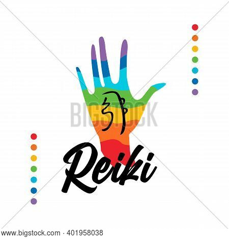 Healing Reiki Energi. Reiki Symbol. Logotype Spiritual Practice. The Colors Of The Chakras In The He