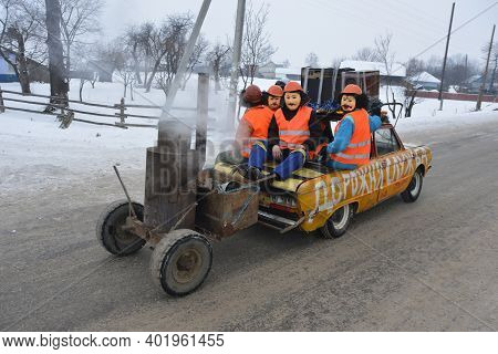 Malanka Celebration _ Mummers In Funny Converted Car Are Driving Through Village