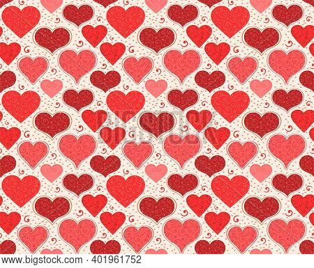 Heart Seamless Pattern For Valentines Day, Wedding, Mothers Day Card. Doodle Red Pink Vector Illustr
