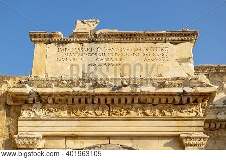 There Is A Poetry On The Stone Wall Above The Door In Ephesus Ancient City