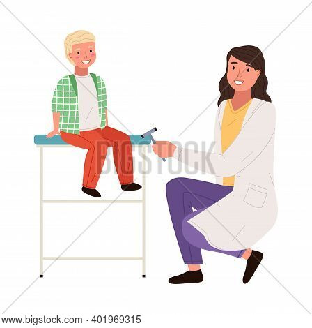 Female Neuropathologist Examining Child Use Reflex Hammer. Boy At Appointment With Doctor. Kid Is Vi