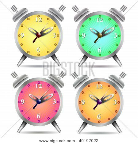 Colorful Alarm Clock Isolated On White Background, Vector Illustration