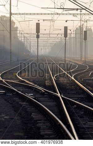 medium-sized railway station in the morning fog, Czech Republic
