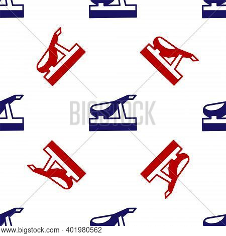 Blue And Red Spanish Jamon On The Wooden Jamonera Icon Isolated Seamless Pattern On White Background