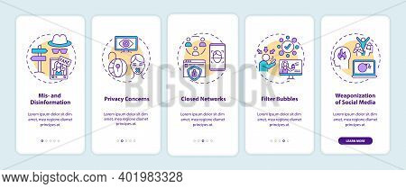 Social Media And Journalism Challenge Onboarding Mobile App Page Screen With Concepts. Disinformatio