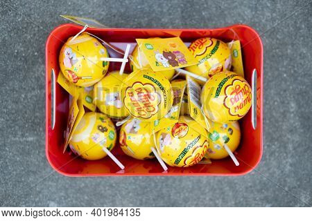 Samut Prakan, Thailand - January 5, 2021: Chupa Chups Lollipop. The Entire Chupa Chups X Line Toys, 