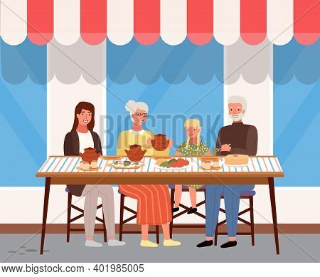People Taste Traditional Dishes Flat Vector Illustration. Dining Table With Borsch, Pancakes And Bun