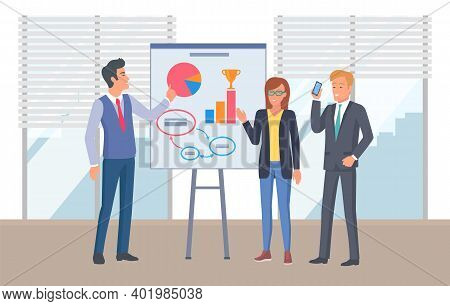 Guys And Girl Communicate And Work In Office. Employees Analyze Data And Study Metrics. Income Graph