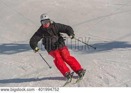 Grandvalira, Andorra: 2021 January 03: Young Man Skiing In The Pyrenees At The Grandvalira Ski Resor