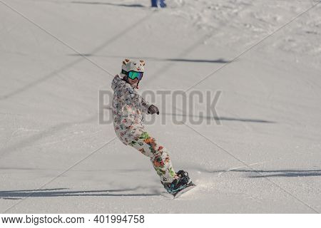 Grandvalira, Andorra: 2021 January 03: Young Woman Skiing In The Pyrenees At The Grandvalira Ski Res