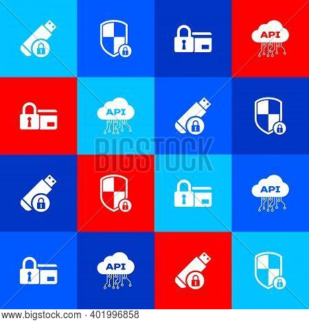 Set Usb Flash Drive With Lock, Shield Security, Credit Card And Cloud Api Interface Icon. Vector