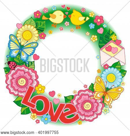 Valentine's Day Card. Wedding Invitetion. Round Shape Made Of Abstract Flowers, Butterflies, Birds K