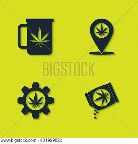 Set Cup Tea With Marijuana, Marijuana Or Cannabis Seeds, Test Tube And Location And Icon. Vector