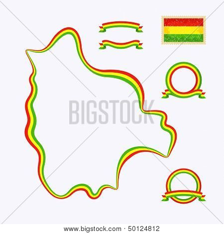 Outline map of Bolivia. Border is marked with a ribbon in the national colors. The package contains a stamp with flag and frames. The file is made with no transparencies and gradients.
