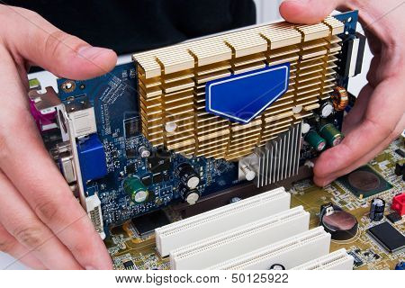 Man Install Gpu Hardware. Pc Motherboard Upgrade