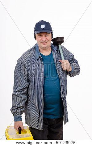 Matured white plumber with plunger