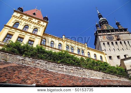 รายละเอียดงานสถาปัตยกรรมในเมืองยุคกลาง Sighisoara ทรานซิลเวเนีย โรมาเนีย