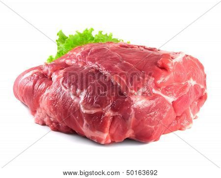 Pork neck carbonade. Raw pork meat with salad