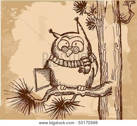 Clever owl with book on  pine branch