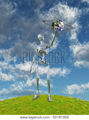 Lesklý stříbrný Robot drží Alien prstenci planety