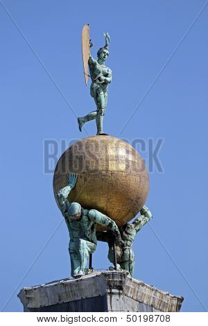 Gold Ball Over The Monument At Punta Della Dogana In Venice Detail