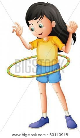 Illustration of a young girl playing with a hulahoop on a white background