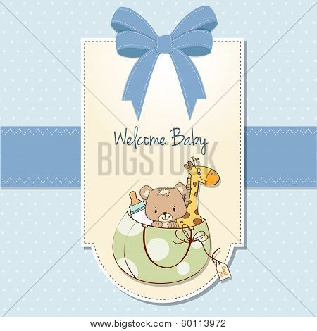 New Baby Announcement Card With Bag And Some Toys