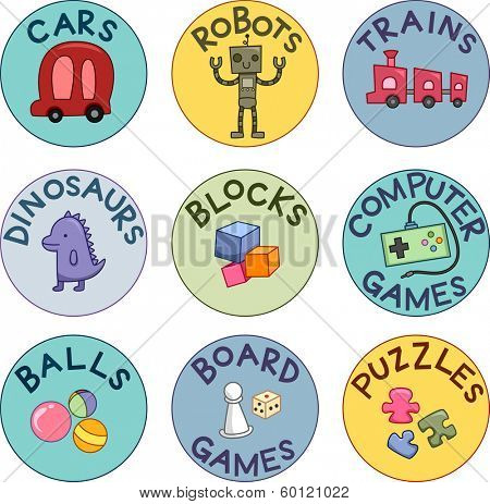 Illustration of Ready to Print Labels with Toy and Game-Related Text