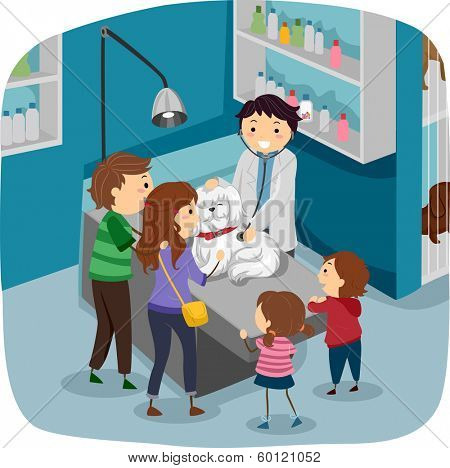 Illustration of a Family Taking Their Dog to the Veterinarian for a Checkup
