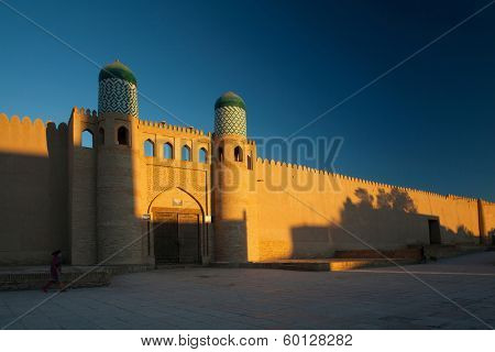 Kohna Ark at sunrise in the ancient city of Itchan Kala, Khiva, Uzbekistan