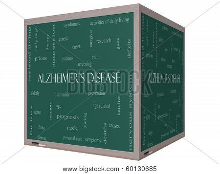 Alzheimer's Disease Word Cloud Concept On A 3D Cube Blackboard