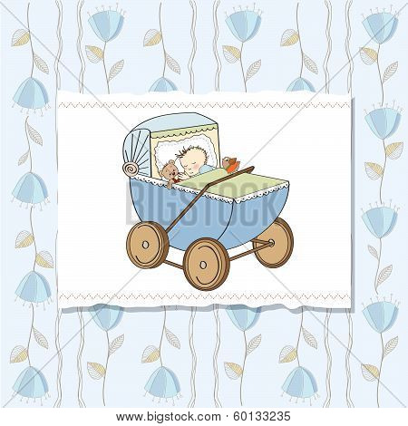 Baby Boy Shower Card With Retro Strolller